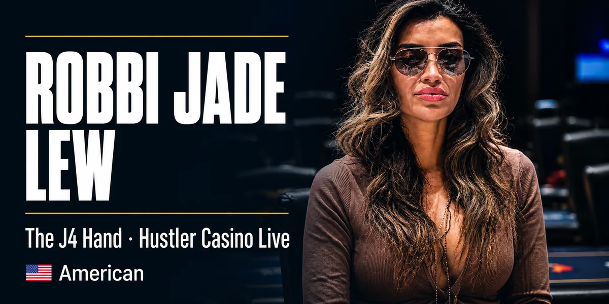 Robbi Jade Lew poker profile Robbi Jade Lew profile banner with the J4 hand and Hustler Casino Live