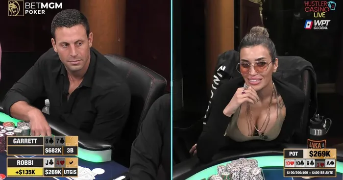 Garrett Adelstein and Robbi Jade Lew during the J4 hand on Hustler Casino Live