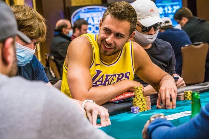 Sean Perry in a Lakers jersey with a large chip stack at the Seminole Hard Rock during his early poker career