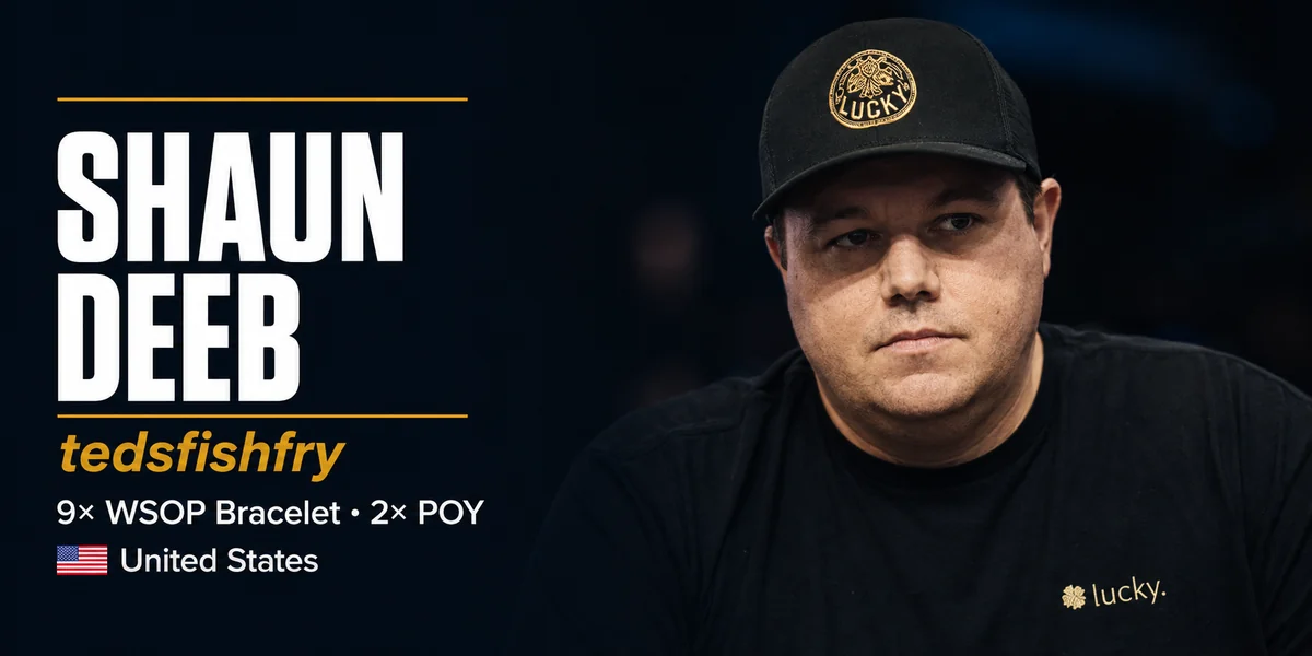 Shaun Deeb wearing a black Lucky cap and t-shirt at a poker table