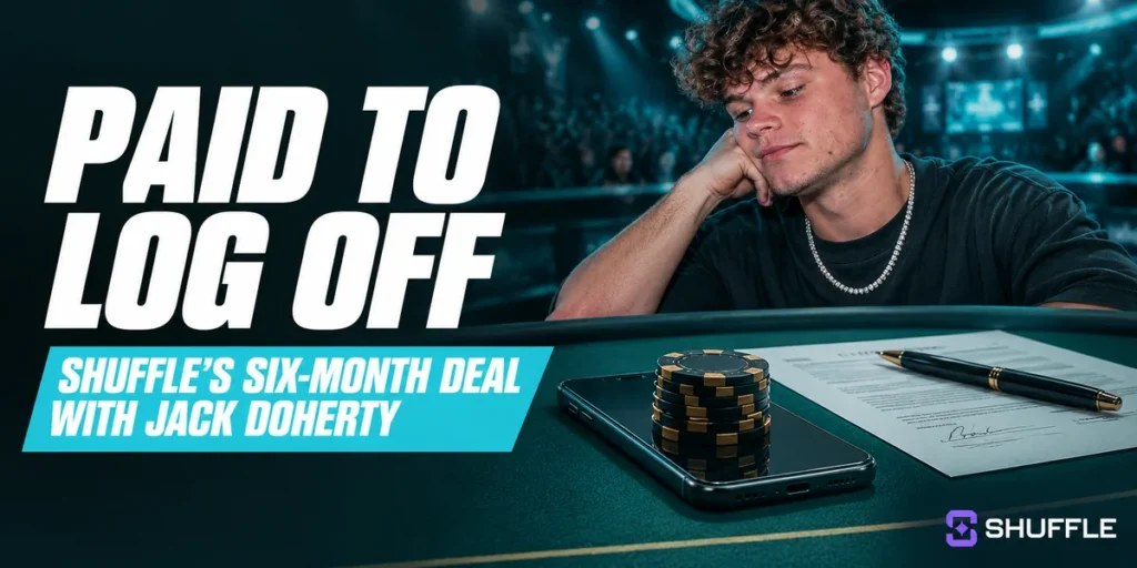 Jack Doherty at a poker table with his phone under a stack of chips beside a signed contract, with the headline Paid to Log Off and the Shuffle logo