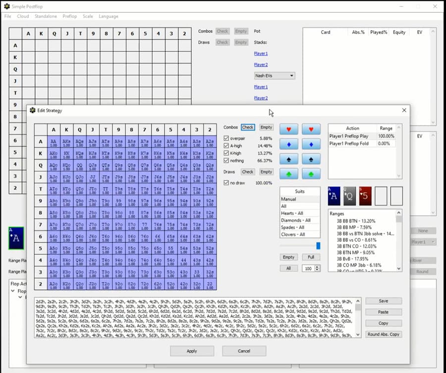 Simple Postflop poker solver software screenshot displaying preflop hand matrix and strategy editor with color-coded ranges, combo selection, and EV calculations; interface shows Nash equilibrium analysis, player ranges, board selection tools, and detailed hand combinations used for advanced GTO poker strategy study