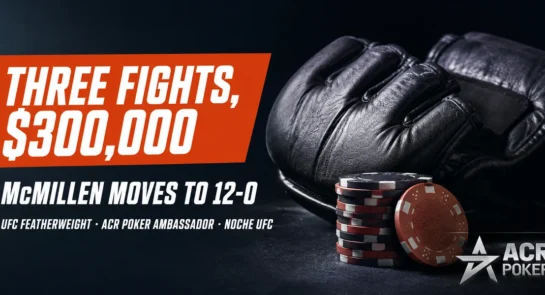 MMA gloves beside a stack of poker chips with the headline Three Fights, $300,000 as Tommy McMillen moves to 12-0