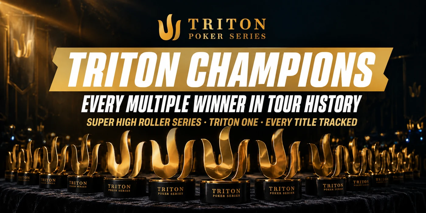 Rows of gold Triton Poker Series trophies under stage lighting, headed Triton Champions