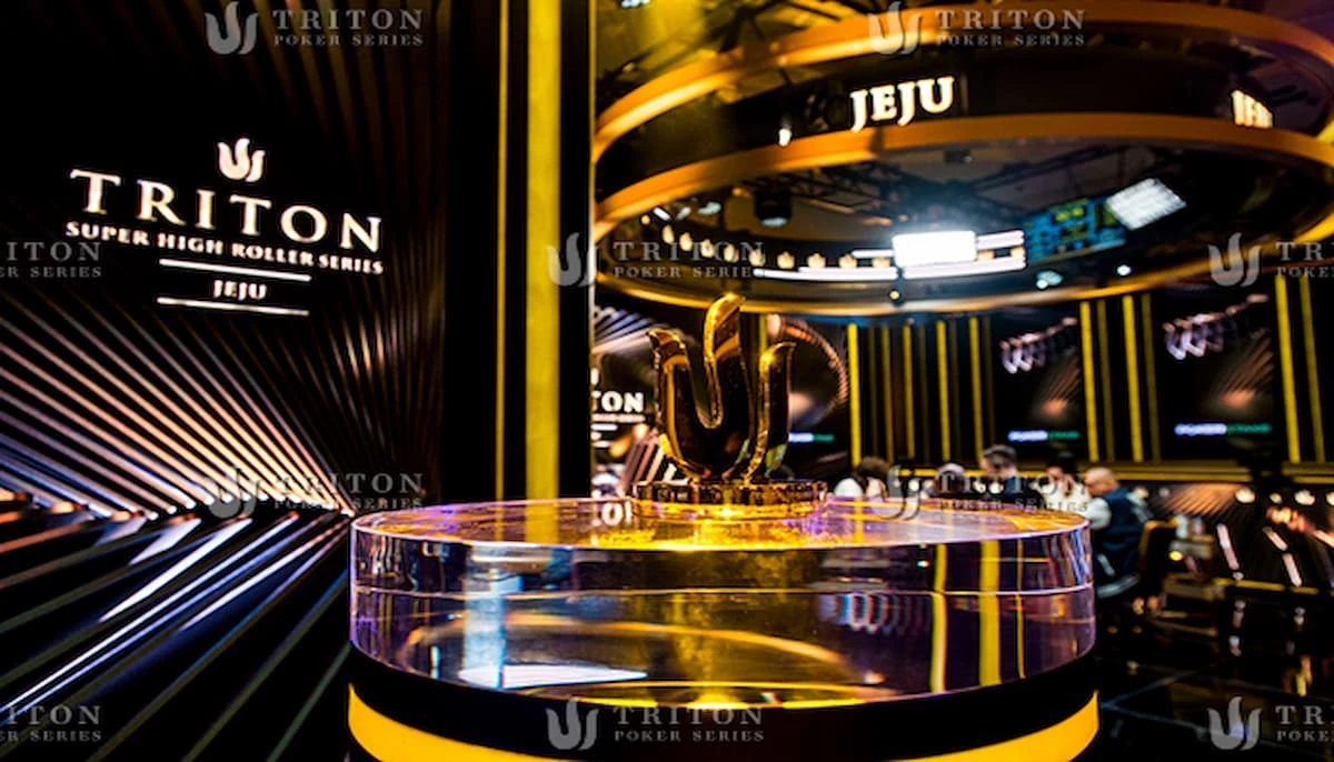 Triton Super High Roller Series trophy on display at the Jeju festival