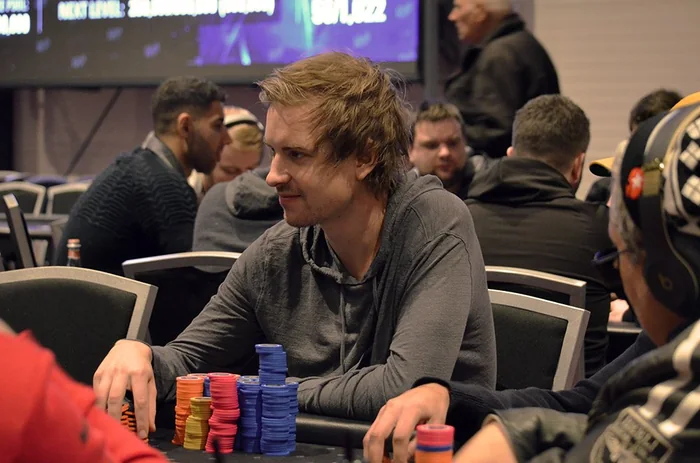 Viktor Blom Live Tournament Second Act Viktor Blom behind a large chip stack at a live tournament