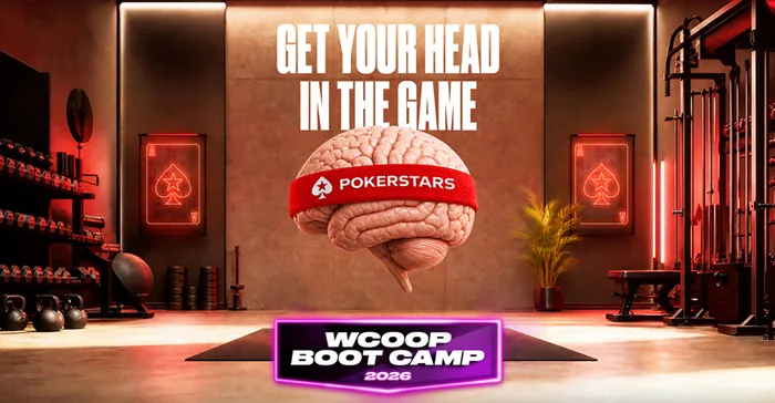 WCOOP Boot Camp 2026 PokerStars PokerStars WCOOP Boot Camp 2026 promotional artwork with a brain wearing a PokerStars headband in a gym