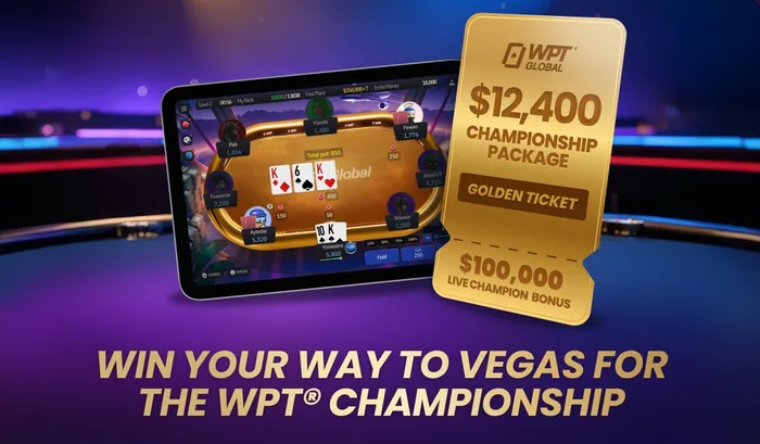 WPT Global artwork showing the $12,400 WPT World Championship package ticket with the $100,000 Live Champion Bonus beside a tablet running a poker game