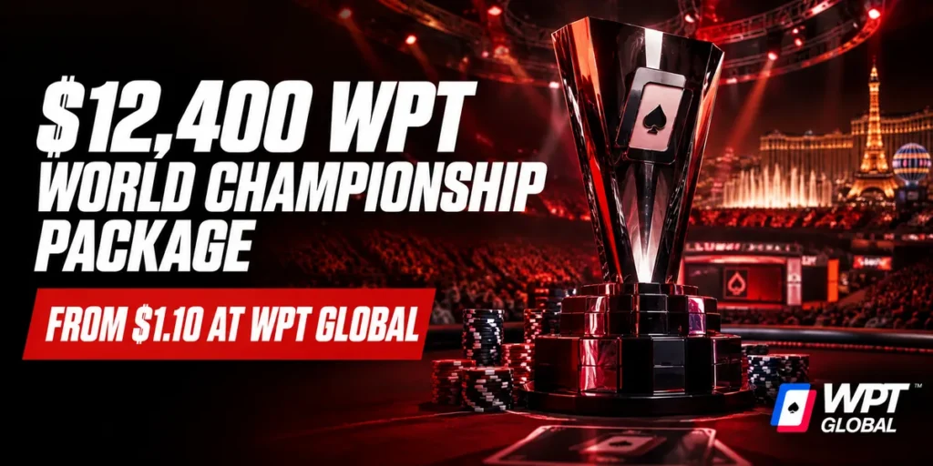 WPT Global $12,400 WPT World Championship package from $1.10, trophy and chips on a Las Vegas tournament floor