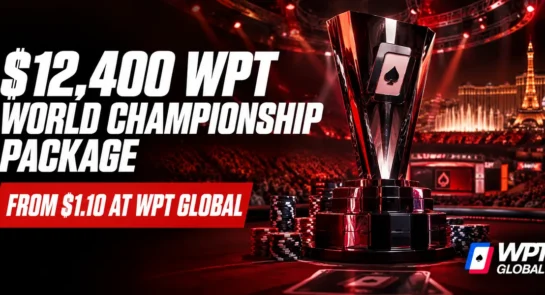 WPT Global $12,400 WPT World Championship package from $1.10, trophy and chips on a Las Vegas tournament floor
