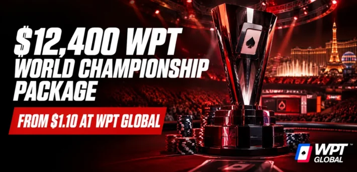 WPT Global $12,400 WPT World Championship package from $1.10, trophy and chips on a Las Vegas tournament floor