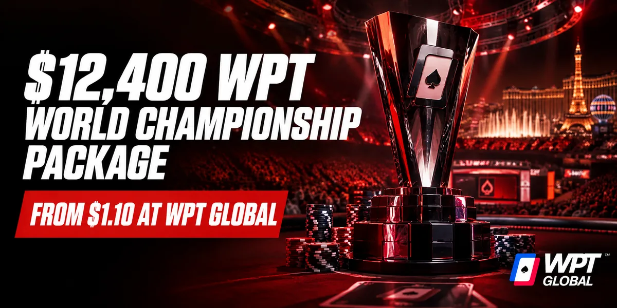 Win a $12,400 WPT World Championship package from $1.10 at WPT Global WPT Global $12,400 WPT World Championship package from $1.10, trophy and chips on a Las Vegas tournament floor