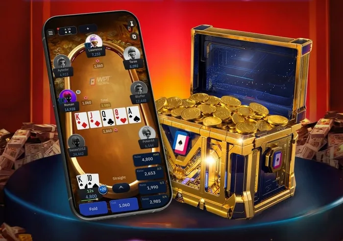 WPT Global mobile app and mystery bounty chest from the WPT Asia Mystery Millions WPT Global mobile app showing a live poker hand alongside a mystery bounty treasure chest from the WPT Asia Mystery Millions tournament