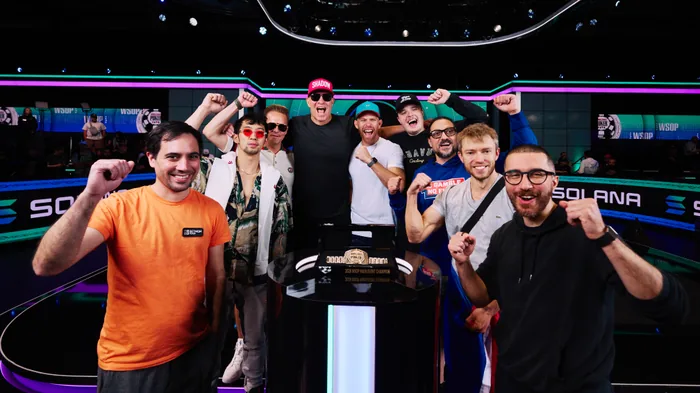 The nine finalists celebrating together after reaching the WSOP 2026 Main Event final table
