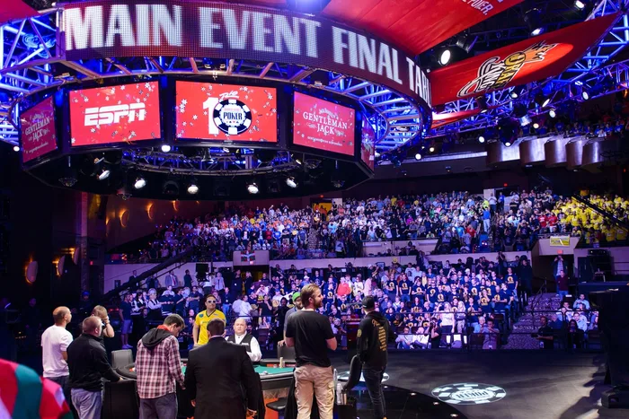 WSOP Main Event November Nine final table at the Rio WSOP Main Event November Nine final table at the Rio with ESPN broadcast setup and packed crowd