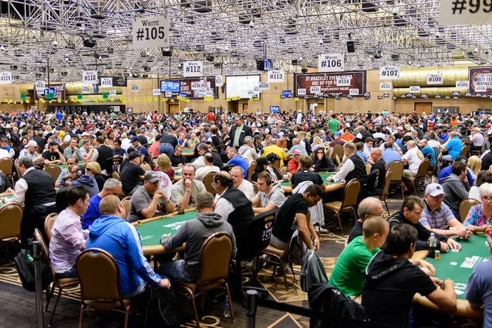 WSOP Main Event tournament floor at the Rio during peak entries WSOP Main Event tournament floor at the Rio packed with hundreds of tables during the poker boom era