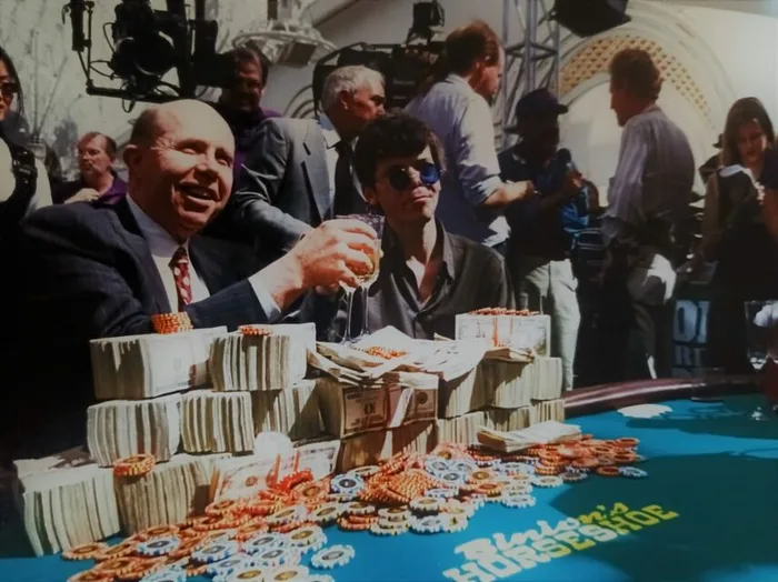 Stu Ungar with his WSOP Main Event winnings at Binion's Horseshoe Stu Ungar celebrating with stacks of cash and chips at Binion's Horseshoe after winning the WSOP Main Event