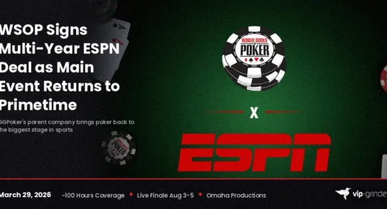 WSOP and ESPN logos side by side on a green felt background with poker chips, announcing the multi-year broadcast deal for the Main Event