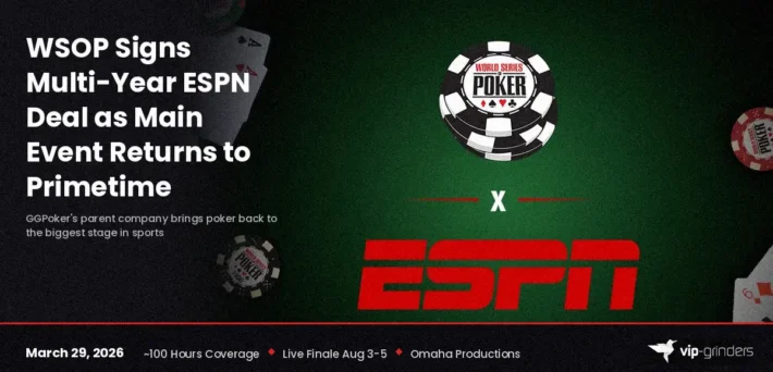 WSOP and ESPN logos side by side on a green felt background with poker chips, announcing the multi-year broadcast deal for the Main Event