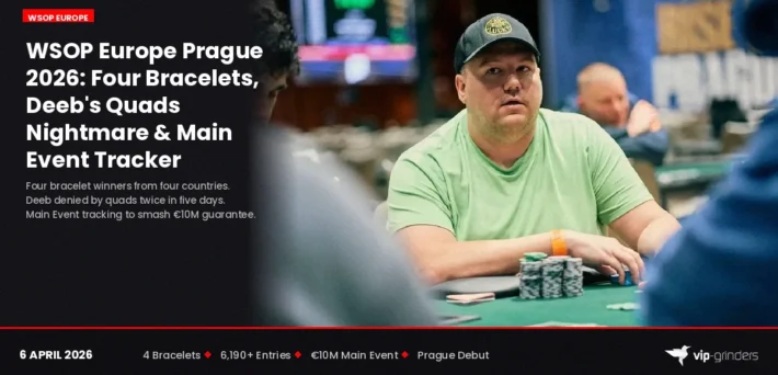 WSOP Europe Prague 2026 results update featuring Shaun Deeb at the poker table with four bracelets awarded and Main Event tracking towards €10M guarantee