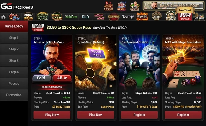 GGPoker WSOP Express lobby showing all four satellite steps GGPoker WSOP Express lobby overview showing Step 1 through Step 4 with buy-ins, formats, starting chips, and prizes
