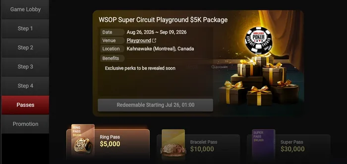 WSOP Express $5,000 Ring Pass GGPoker WSOP Express Ring Pass showing $5,000 WSOP Super Circuit Playground package details