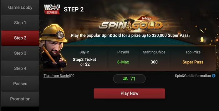 WSOP Express Step 2 Spin and Gold GGPoker WSOP Express Step 2 Spin and Gold lobby showing 6-Max format with prizes up to $30,000 Super Pass
