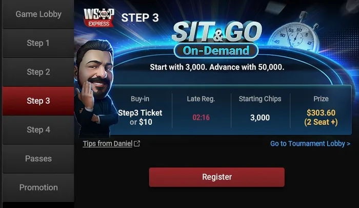 WSOP Express Step 3 On-Demand Target Stack GGPoker WSOP Express Step 3 On-Demand Sit and Go lobby showing 3,000 starting chips with 50,000 target to advance