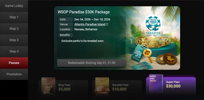 WSOP Express $30,000 Super Pass GGPoker WSOP Express Super Pass showing $30,000 WSOP Paradise package at Atlantis Nassau