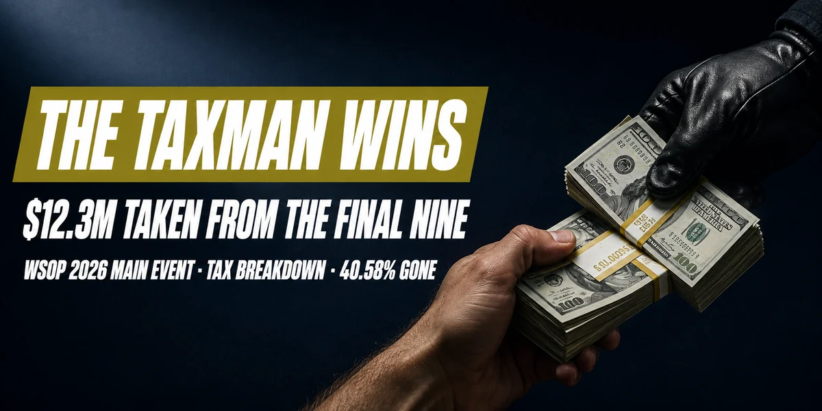 WSOP Main Event taxes breakdown showing the 2026 final table prize money and the estimated tax paid by all nine finalists