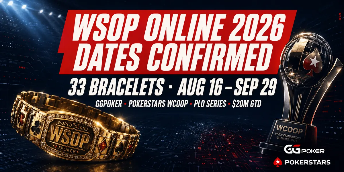 WSOP Online 2026 dates confirmed on GGPoker alongside PokerStars WCOOP 2026 WSOP Online 2026 runs August 16 to September 29 on GGPoker with 33 bracelets alongside PokerStars WCOOP
