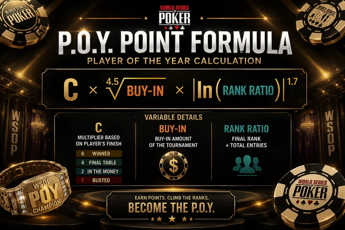 WSOP POY points formula showing C multiplier, 4.5th root of buy-in, and natural log of rank ratio raised to 1.7
