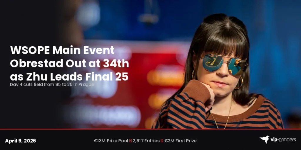Annette Obrestad at the 2026 WSOP Europe Main Event in Prague wearing sunglasses at the poker table before her Day 4 elimination in 34th place