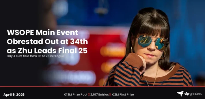 Annette Obrestad at the 2026 WSOP Europe Main Event in Prague wearing sunglasses at the poker table before her Day 4 elimination in 34th place