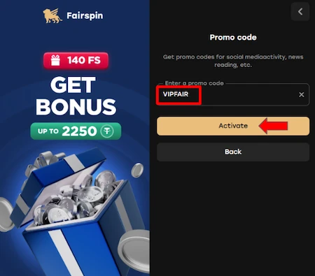 fairspin casino activate promo code VIPFAIR