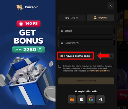 fairspin promo code registration