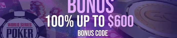 GGPoker bonus banner promoting a 100 percent welcome bonus up to $600, featuring World Series of Poker Online graphics and highlighting the VIPGRINDERS bonus code for online poker promotions