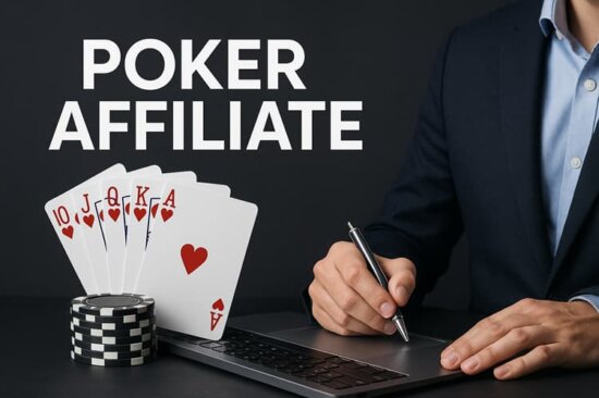 Poker Affiliate Featured Image A straight flush, poker chips and a man in a suit sitting at a table signing a contract -Poker Affiliate Programs & Deals