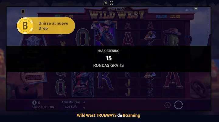 Imagen del juego Wild West TRUEWAYS de BGaming en HellSpin, donde el jugador recibe 15 giros gratis al iniciar la tragamonedas gracias a una promoción sin depósito