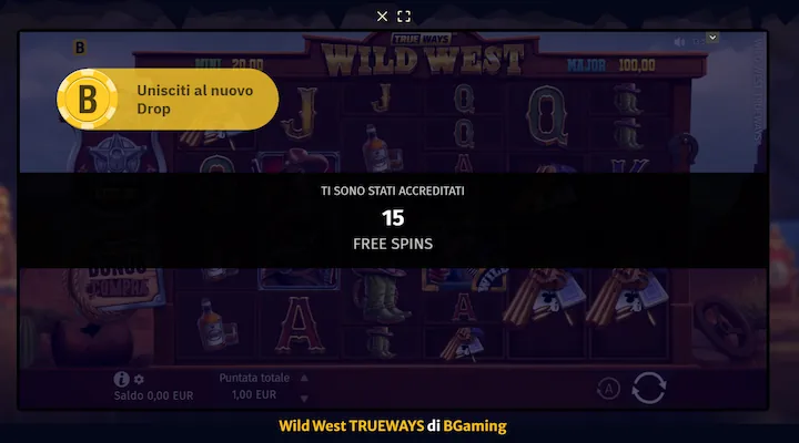Immagine della slot Wild West TRUEWAYS di BGaming su HellSpin, con 15 free spins assegnati automaticamente al giocatore tramite un bonus senza deposito