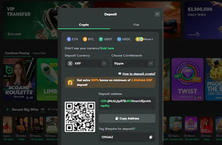 bc.game deposit option with Ripple (XRP)