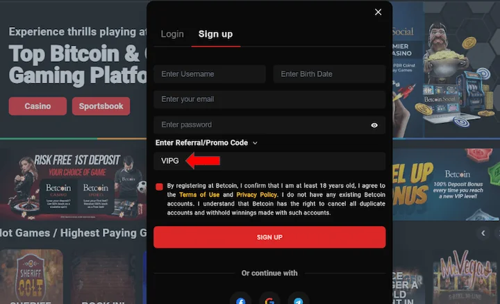 betcoin.ag promo code VIPG