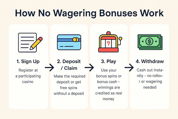 Infographic titled "How No Wagering Bonuses Work" with four steps: 1. Sign Up – register at a participating casino, 2. Deposit / Claim – make the required deposit or get free spins without a deposit, 3. Play – use bonus spins or bonus cash with winnings credited as real money, 4. Withdraw – cash out instantly with no rollover or wagering required. Each step is illustrated with a matching icon and set against a light beige background.