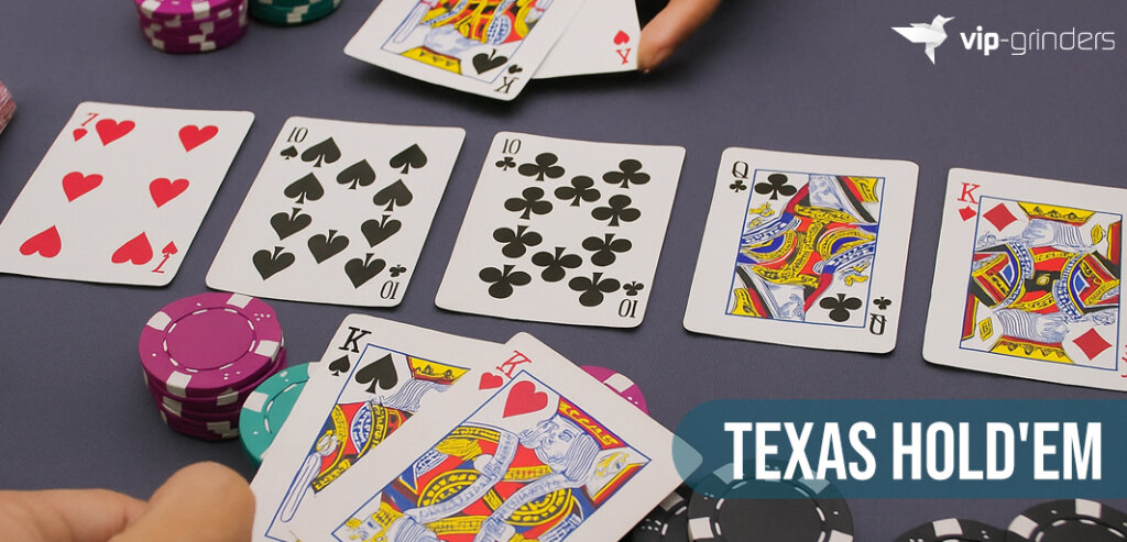 Texas Hold'em showdown with community cards, chips, and players’ hole cards at VIP-Grinders strategy guide