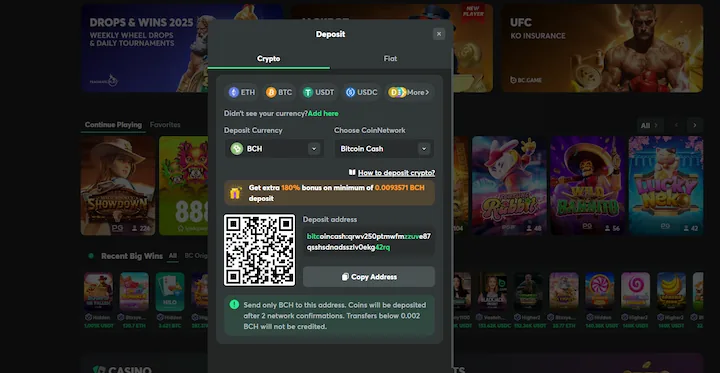 bc game deposit with bitcoin cash (BCH)