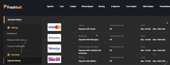 freshbet deposit with mastercard