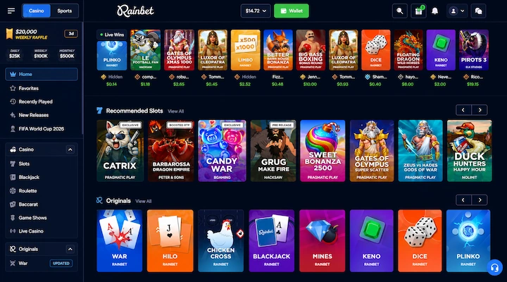 Rainbet casino lobby showing recommended slots from Pragmatic Play, Hacksaw, and BGaming, Originals section, and race prize pools