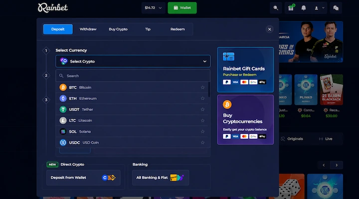 Rainbet deposit page showing supported cryptocurrencies including BTC, ETH, USDT, LTC, SOL, and USDC, plus gift cards, direct wallet deposit, and fiat banking options