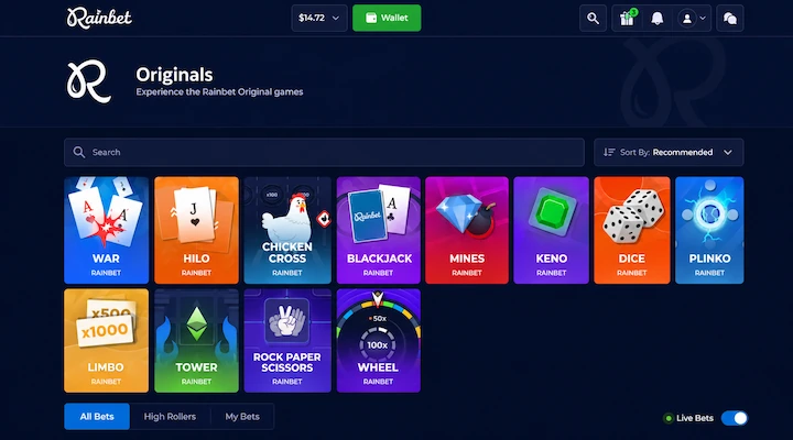 Rainbet Originals page showing 12 provably fair in-house games including Mines, Dice, Plinko, Limbo, Tower, and Wheel