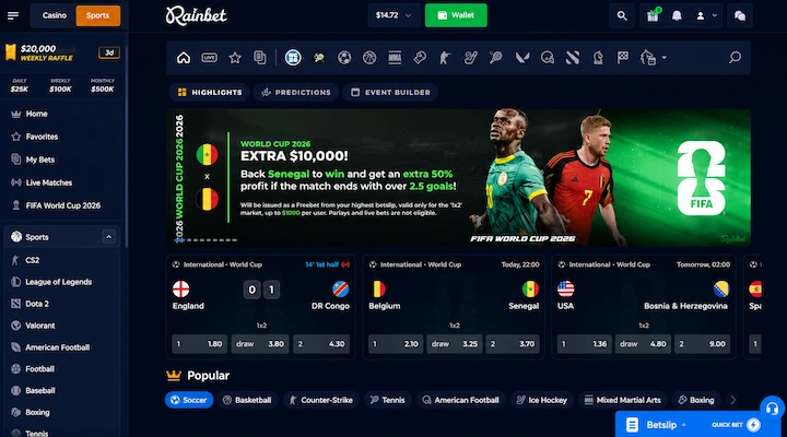 Rainbet sportsbook showing FIFA World Cup 2026 live matches with odds, esports sidebar, and popular sports categories